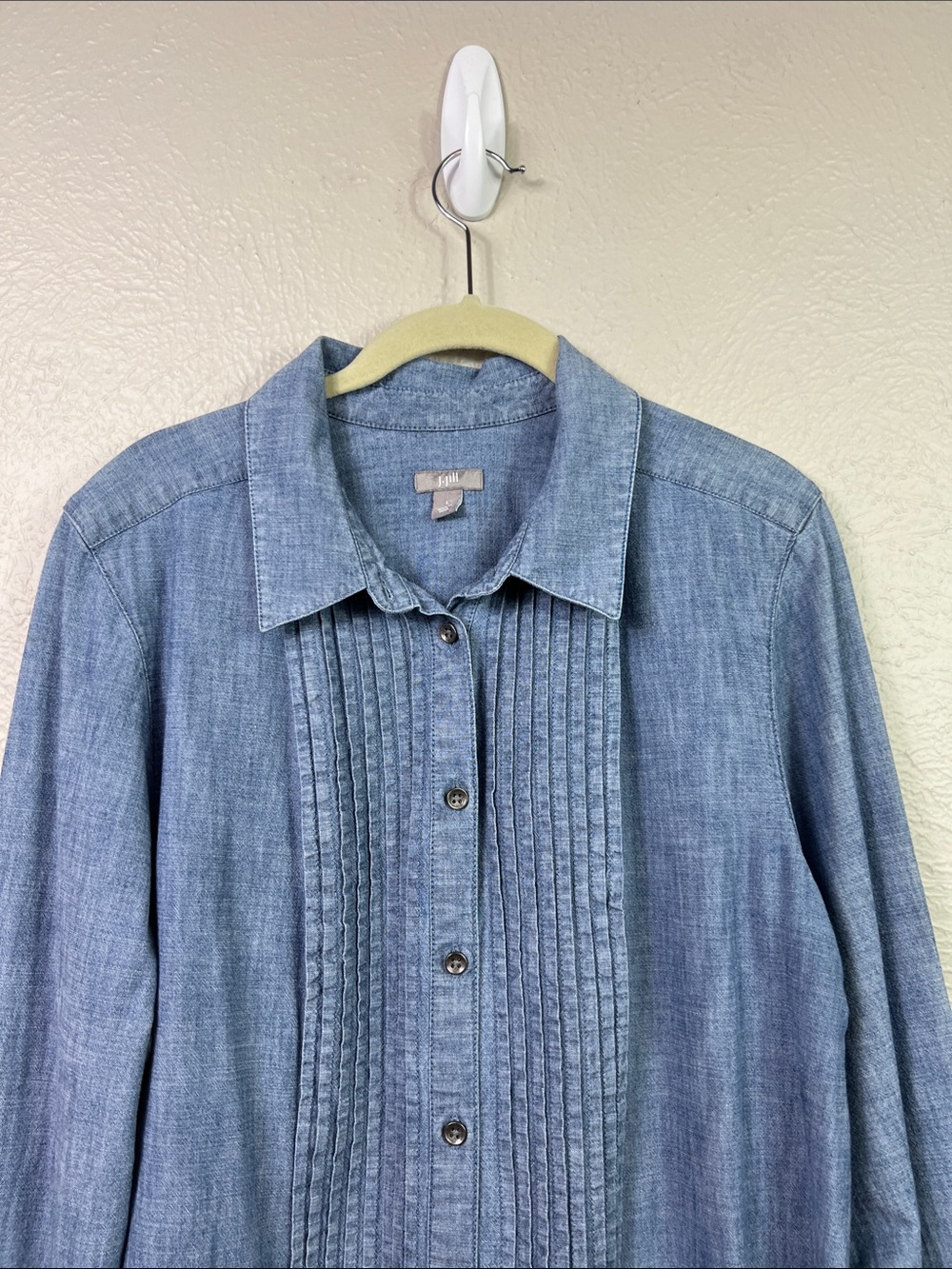 J. Jill Chambray Long Sleeve Button Front Pintuck Cotton Shirt Dress Large - Picture 4 of 6